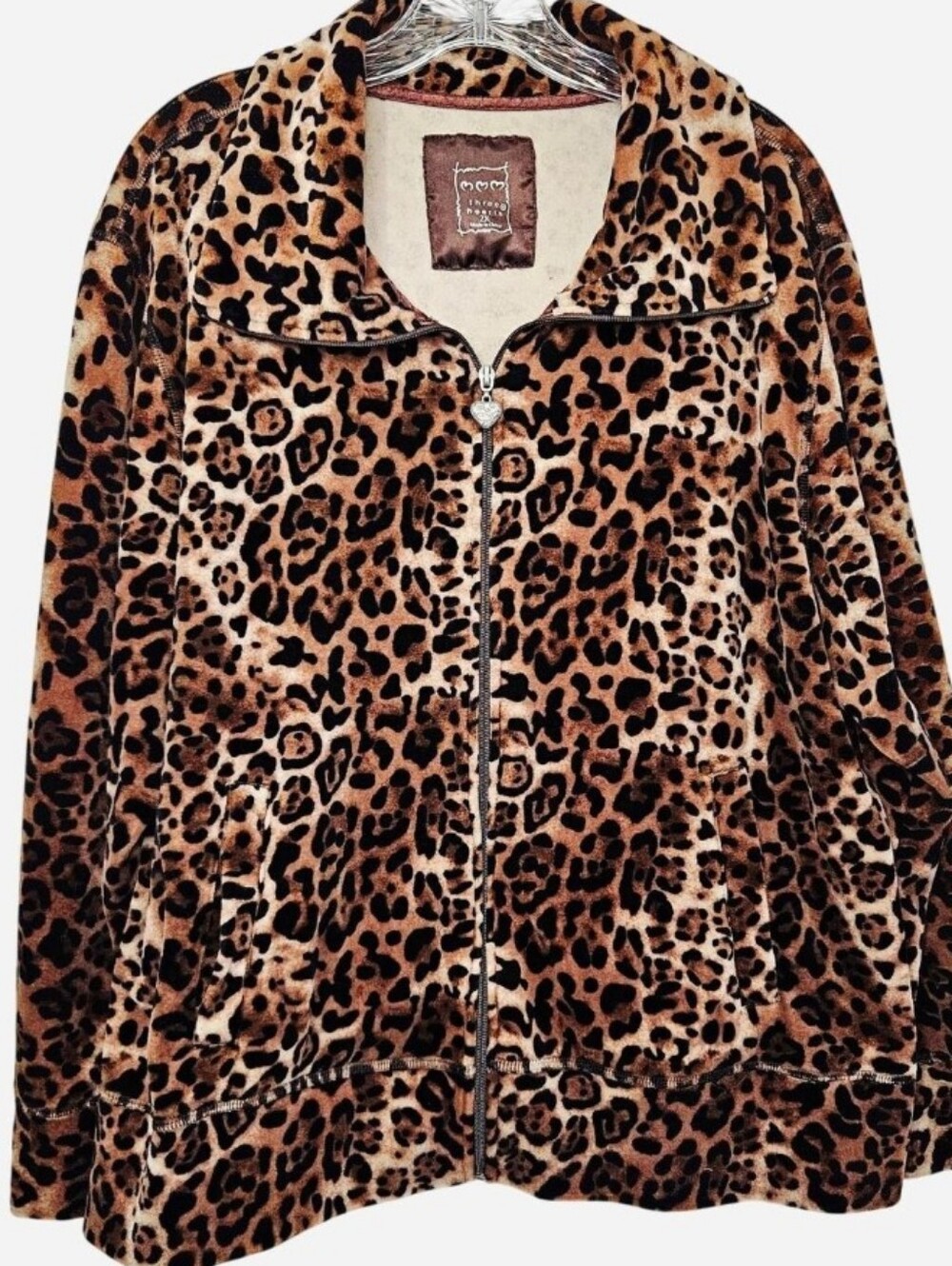 Three Hearts Animal Print Zip Jacket with Pockets with Heart Pull Plus Size 2X